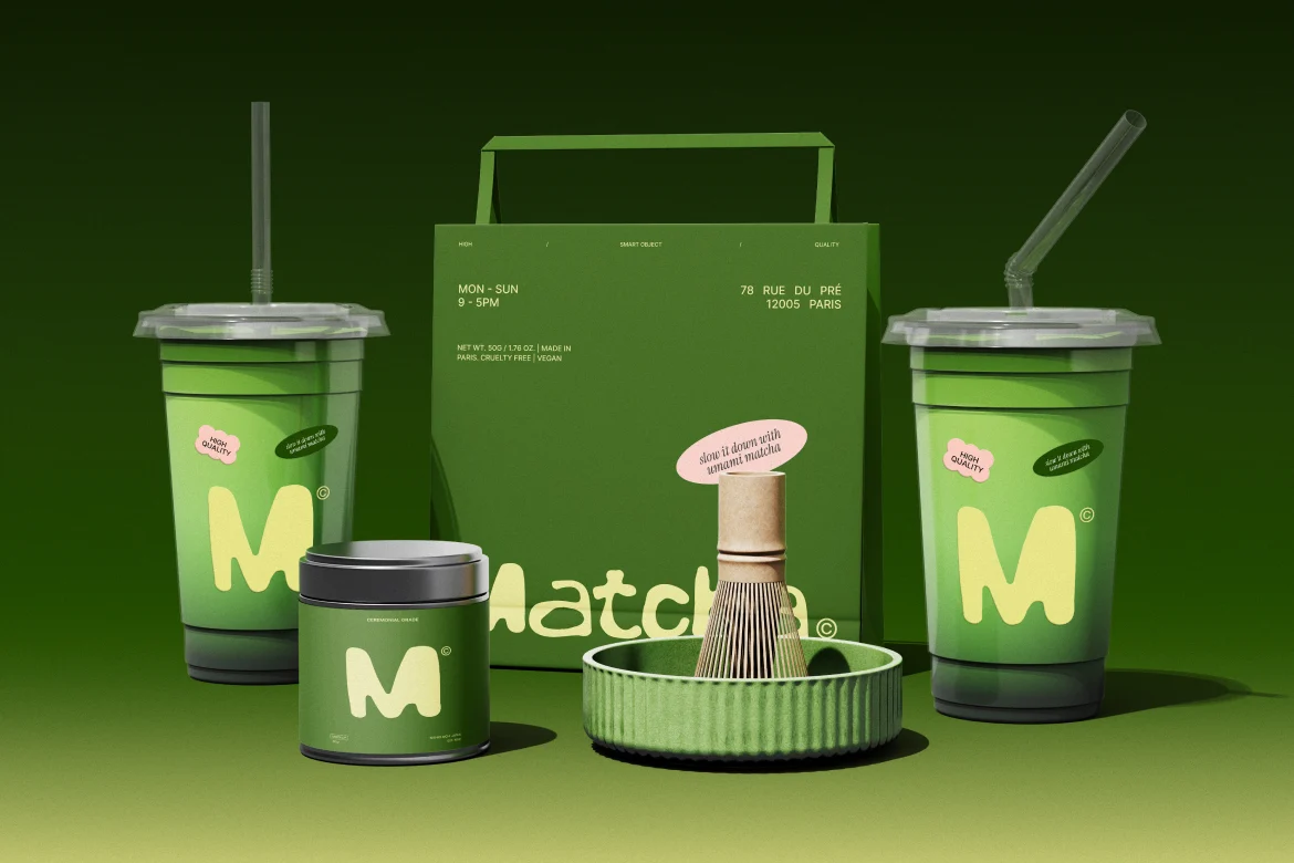 3款咖啡果茶奶茶品牌vi设计打包袋塑料杯展示效果图psd样机mockup模板 Matcha Branding Mockup插图1 3款咖啡果茶奶茶品牌vi设计打包袋塑料杯展示效果图psd样机mockup模板 Matcha Branding Mockup插图1