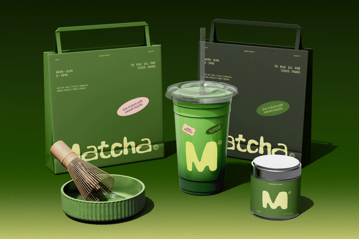 3款咖啡果茶奶茶品牌vi设计打包袋塑料杯展示效果图psd样机mockup模板 Matcha Branding Mockup插图2 3款咖啡果茶奶茶品牌vi设计打包袋塑料杯展示效果图psd样机mockup模板 Matcha Branding Mockup插图2