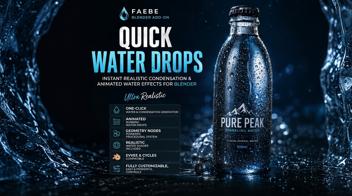 Blender插件 逼真动态凝结水滴流体效果工具 Quick Water Drops v3 for Blender特色图 Blender插件 逼真动态凝结水滴流体效果工具 Quick Water Drops v3 for Blender