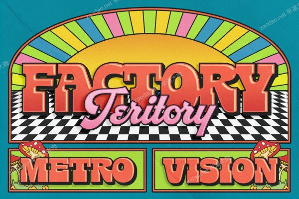 复古迷幻彩虹拱门印花纹理效果DJ音乐海报标题设计ps文本样机 Factory Territory Groovy Text Effect