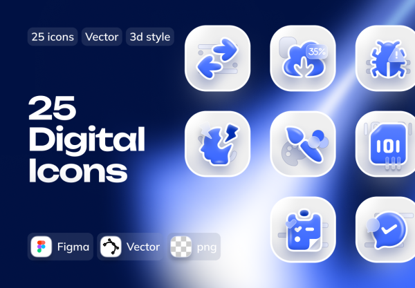 25款高级3D立体玻璃形态图标Icons设计figma/png格式素材 Lumio — 25 Digital  Icons: 3D Glass Style