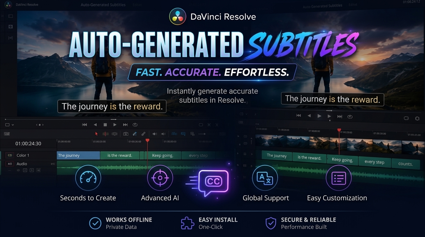 达芬奇插件 AI智能视频字幕生成工具 Auto-Generated Subtitles for DaVinci Resolve特色图 达芬奇插件 AI智能视频字幕生成工具 Auto-Generated Subtitles for DaVinci Resolve