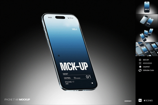 5款苹果iPhone 17 Air手机UI作品集贴图psd样机模板 iPhone Mockup 17 Air