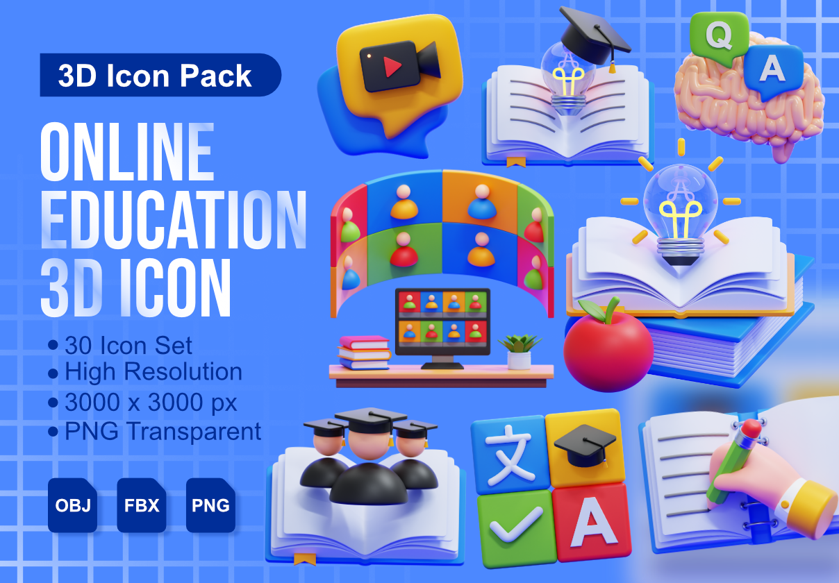 30款在线教育教学学习3D立体图标Icons设计png/obj/fbx格式素材 Online Education 3D Icons Packs特色图 30款在线教育教学学习3D立体图标Icons设计png/obj/fbx格式素材 Online Education 3D Icons Packs