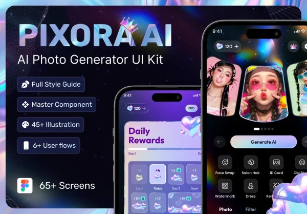 65+屏未来科幻AI智能图像视频编辑生成app应用ui界面设计figma模板套件 AI Photo Editor & Image Generator Mobile App UI Kit – Pixora AI