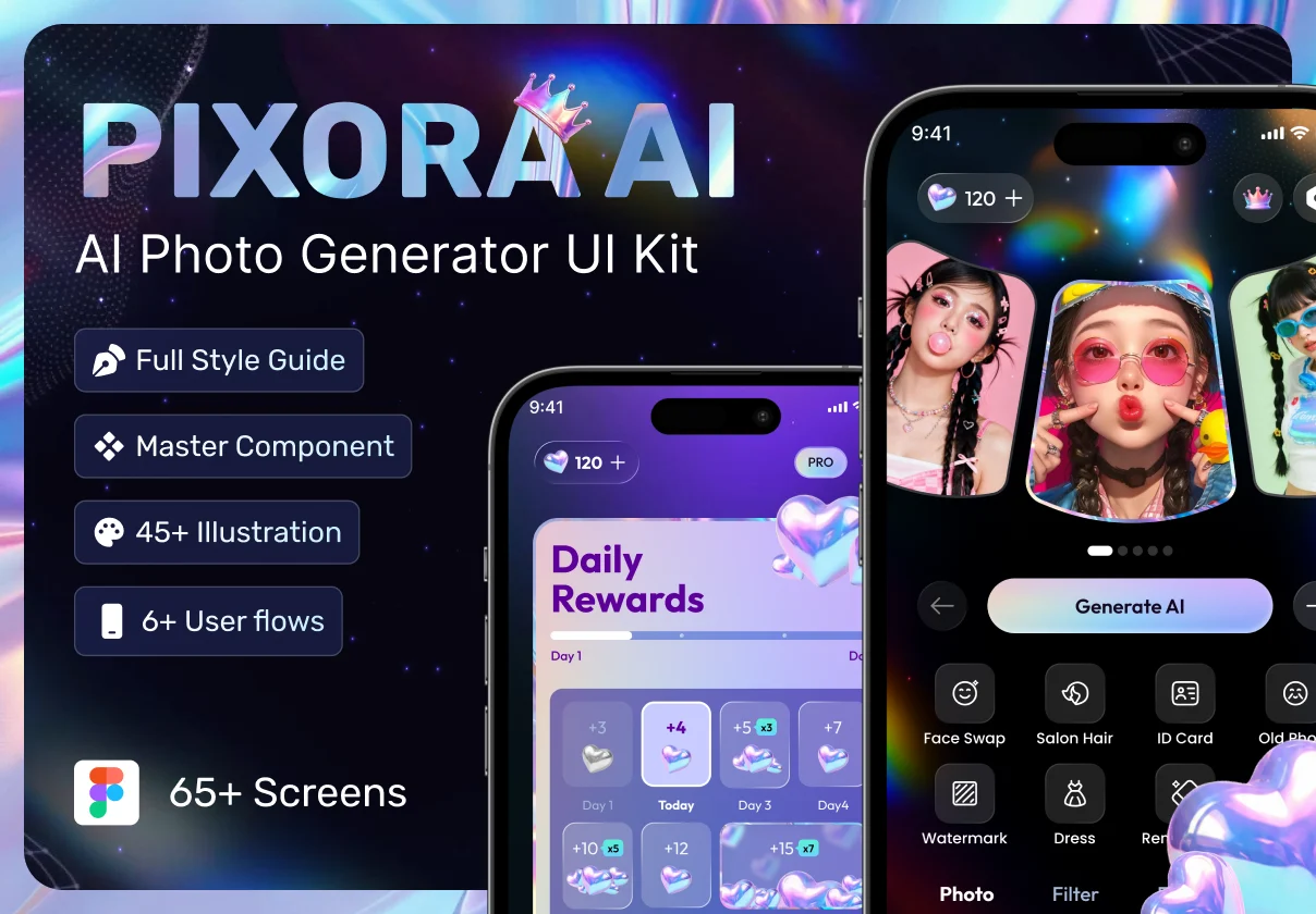 65+屏未来科幻AI智能图像视频编辑生成app应用ui界面设计figma模板套件 AI Photo Editor & Image Generator Mobile App UI Kit – Pixora AI特色图 65+屏未来科幻AI智能图像视频编辑生成app应用ui界面设计figma模板套件 AI Photo Editor & Image Generator Mobile App UI Kit – Pixora AI