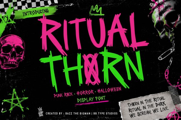 时尚恐怖涂鸦美学品牌海报徽标设计手写英文字体安装包 Ritual Thorn特色图 时尚恐怖涂鸦美学品牌海报徽标设计手写英文字体安装包 Ritual Thorn