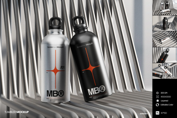 6款工业风便携金属保温水杯水瓶水壶设计展示ps贴图样机模板 Tumbler Mockup