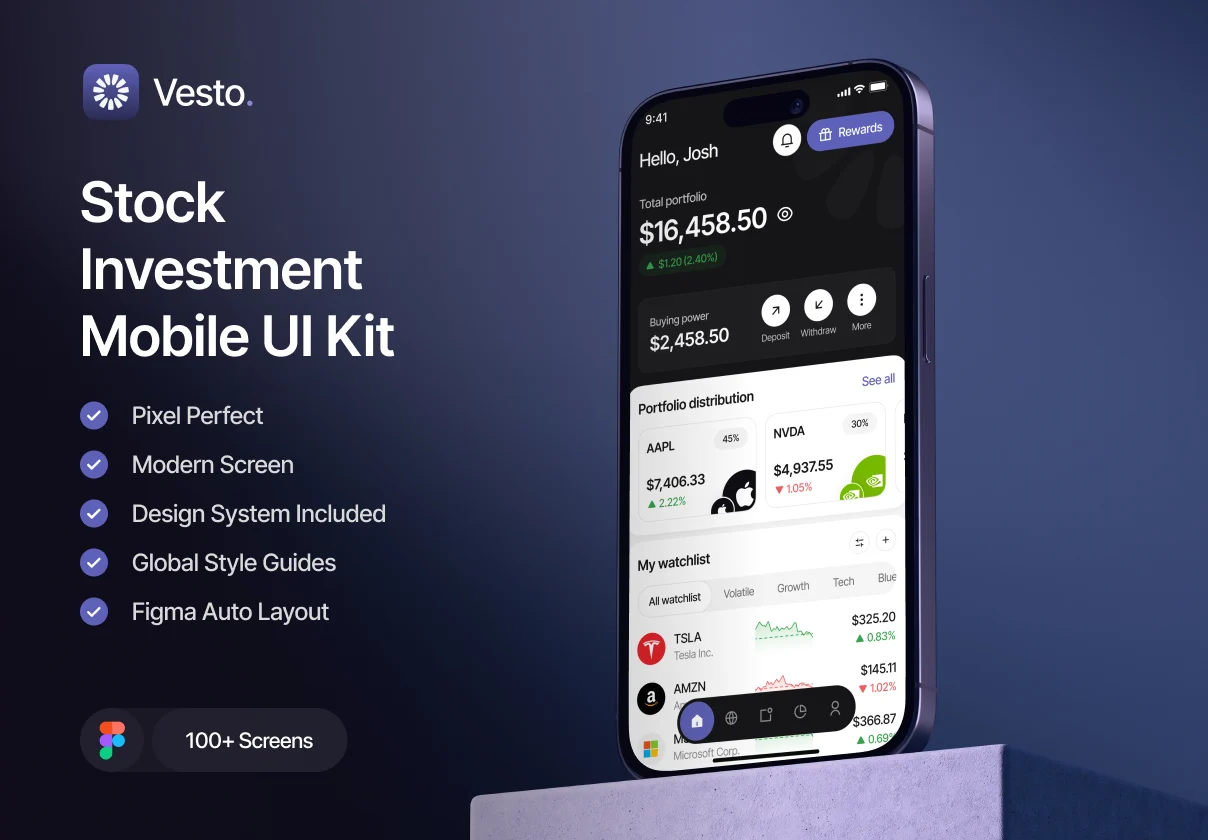 100+屏高端金融理财股票交易投资app应用程序ui界面设计figma模板 Vesto – Stock Investment Mobile UI Kit特色图 100+屏高端金融理财股票交易投资app应用程序ui界面设计figma模板 Vesto – Stock Investment Mobile UI Kit