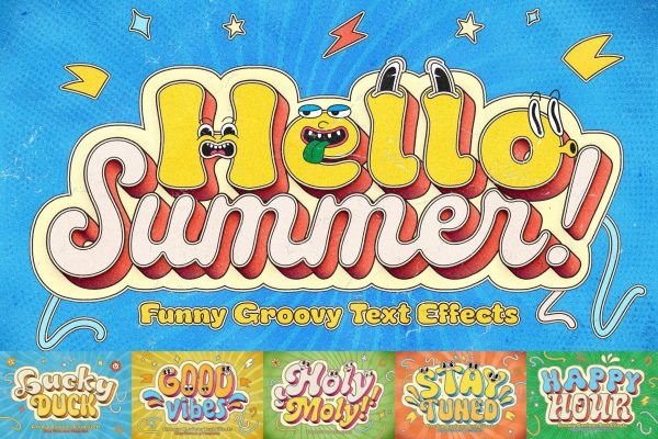 复古嬉皮风卡通立体文字设计ps文本样机 Groovy Cartoon Text Effects