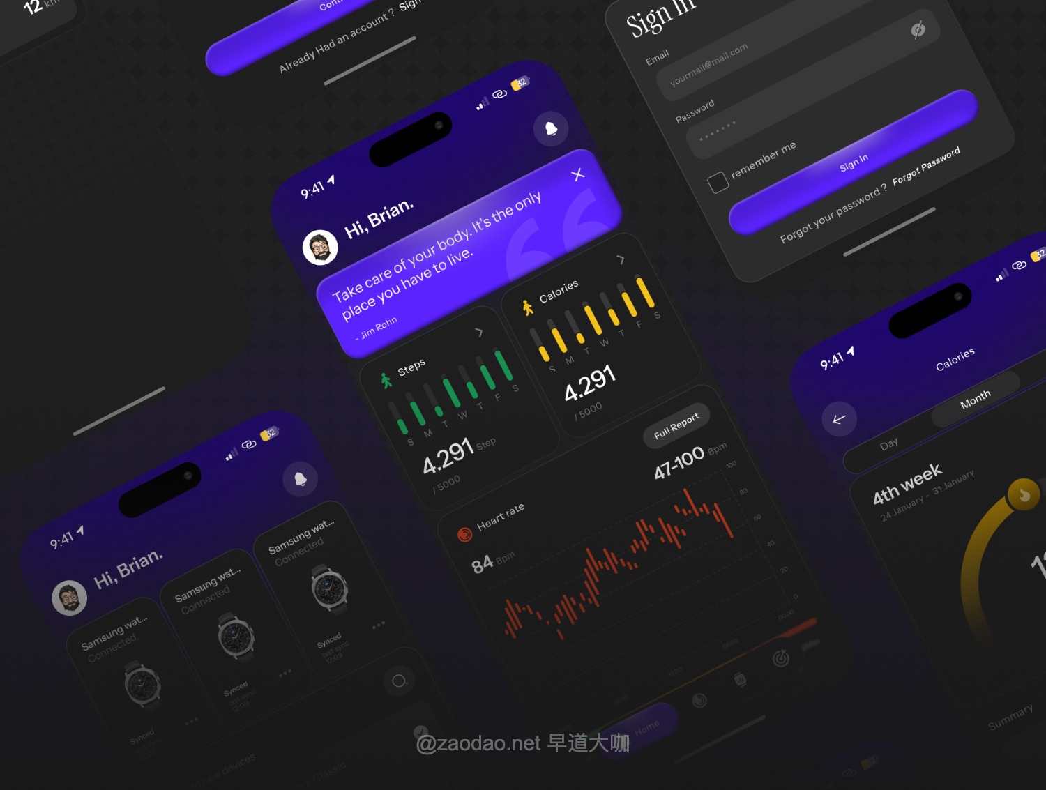 50+屏健身健康数据统计跟踪仪表盘app应用ui界面设计figma模板 FitDaily – Health Monitoring app插图4 50+屏健身健康数据统计跟踪仪表盘app应用ui界面设计figma模板 FitDaily – Health Monitoring app插图4