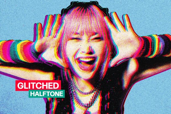 复古y2k千禧风半色调CMYK色差颗粒感照片修图ps特效样机 Glitched Halftone Effect特色图 复古y2k千禧风半色调CMYK色差颗粒感照片修图ps特效样机 Glitched Halftone Effect