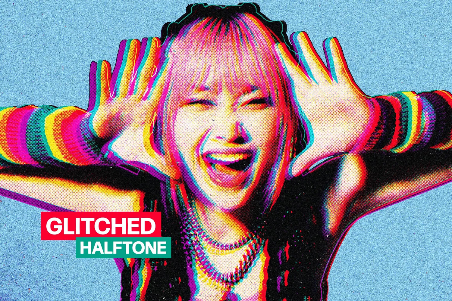 复古y2k千禧风半色调CMYK色差颗粒感照片修图ps特效样机 Glitched Halftone Effect特色图 复古y2k千禧风半色调CMYK色差颗粒感照片修图ps特效样机 Glitched Halftone Effect