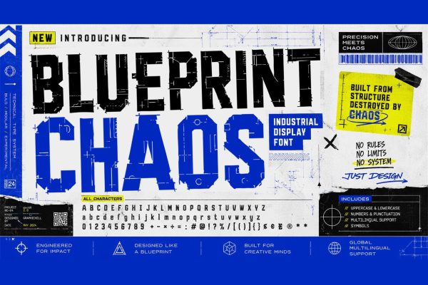 潮流做旧工业品牌海报包装机械logo设计装饰英文字体安装包 Blueprint Chaos