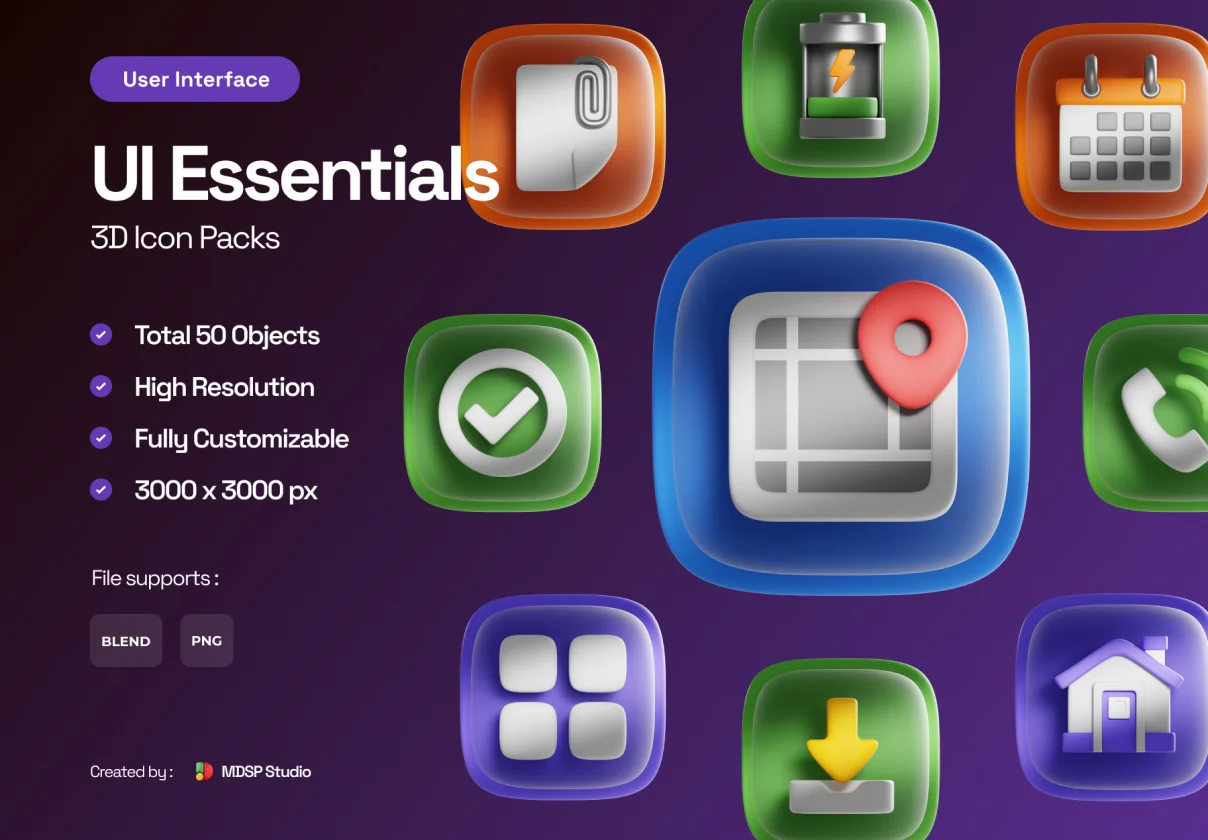 50款高级UI界面设计3D立体图标Icons素材Blender/PNG格式 UI Essentials 3D Icon Set特色图 50款高级UI界面设计3D立体图标Icons素材Blender/PNG格式 UI Essentials 3D Icon Set