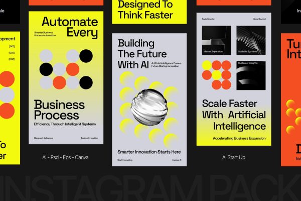 黄灰色系现代企业营销推广公众号推文电商海报设计PSD/AI/EPS模版 Grey Yellow Modern AI Start Up Company Pack 003