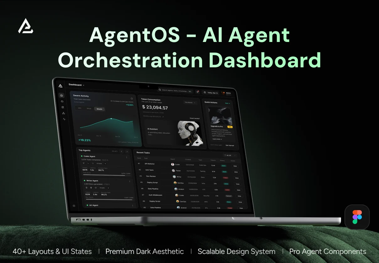 40页暗黑AI人工智能体SaaS服务平台仪表盘UI界面设计Figma模板 AgentOS – AI Agent Orchestration Dashboard特色图 40页暗黑AI人工智能体SaaS服务平台仪表盘UI界面设计Figma模板 AgentOS – AI Agent Orchestration Dashboard
