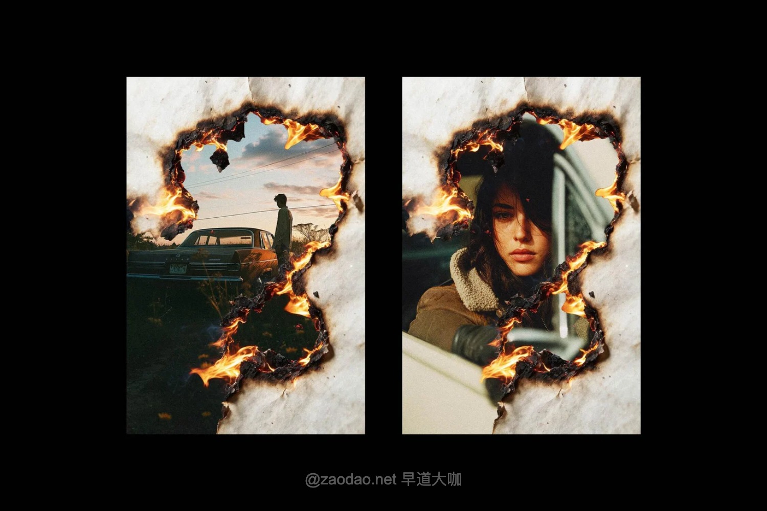 复古胶片纸张灼烧火焰烧痕燃烧焦黑碳化滤镜ps特效样机模板 Burn Paper Photo Effect插图5 复古胶片纸张灼烧火焰烧痕燃烧焦黑碳化滤镜ps特效样机模板 Burn Paper Photo Effect插图5
