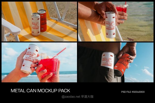 4款海边场景饮料苏打水啤酒易拉罐锡罐设计ps展示效果图样机模板 Metal Can Mockup Pack