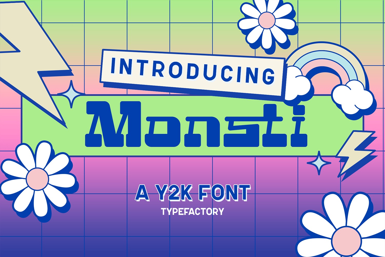时尚复古俏皮Y2K品牌海报包装设计装饰英文字体安装包 Retro Y2K Font – Monsti特色图 时尚复古俏皮Y2K品牌海报包装设计装饰英文字体安装包 Retro Y2K Font – Monsti