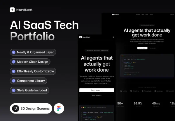 30屏暗黑AI智能技术服务SaaS平台网站UI用户界面设计Figma模板套件 NeuralStack – AI SaaS Tech Portfolio UI Kit