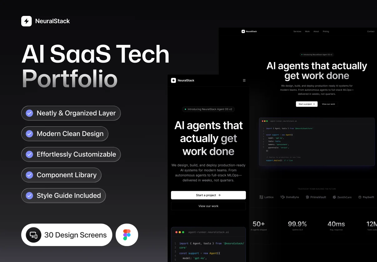 30屏暗黑AI智能技术服务SaaS平台网站UI用户界面设计Figma模板套件 NeuralStack – AI SaaS Tech Portfolio UI Kit插图 30屏暗黑AI智能技术服务SaaS平台网站UI用户界面设计Figma模板套件 NeuralStack – AI SaaS Tech Portfolio UI Kit插图