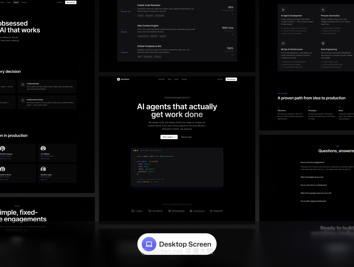 30屏暗黑AI智能技术服务SaaS平台网站UI用户界面设计Figma模板套件 NeuralStack – AI SaaS Tech Portfolio UI Kit插图4 30屏暗黑AI智能技术服务SaaS平台网站UI用户界面设计Figma模板套件 NeuralStack – AI SaaS Tech Portfolio UI Kit插图4