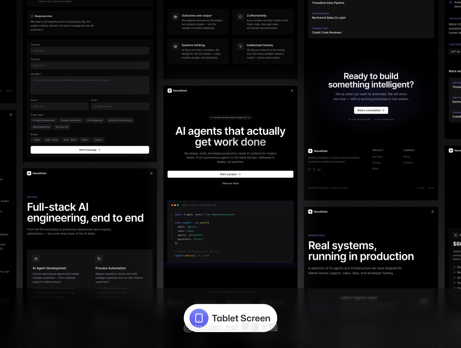 30屏暗黑AI智能技术服务SaaS平台网站UI用户界面设计Figma模板套件 NeuralStack – AI SaaS Tech Portfolio UI Kit插图3 30屏暗黑AI智能技术服务SaaS平台网站UI用户界面设计Figma模板套件 NeuralStack – AI SaaS Tech Portfolio UI Kit插图3