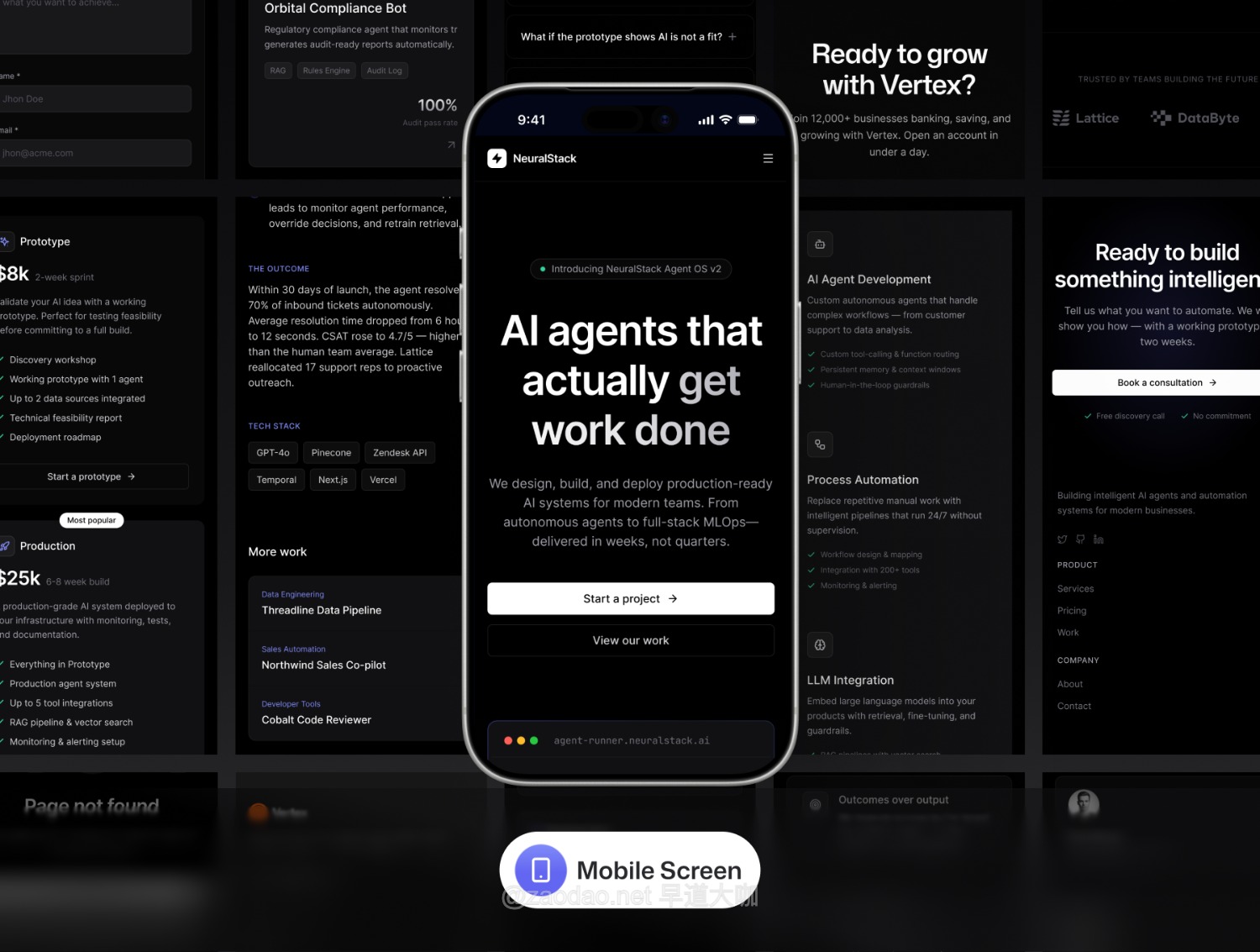 30屏暗黑AI智能技术服务SaaS平台网站UI用户界面设计Figma模板套件 NeuralStack – AI SaaS Tech Portfolio UI Kit插图5 30屏暗黑AI智能技术服务SaaS平台网站UI用户界面设计Figma模板套件 NeuralStack – AI SaaS Tech Portfolio UI Kit插图5