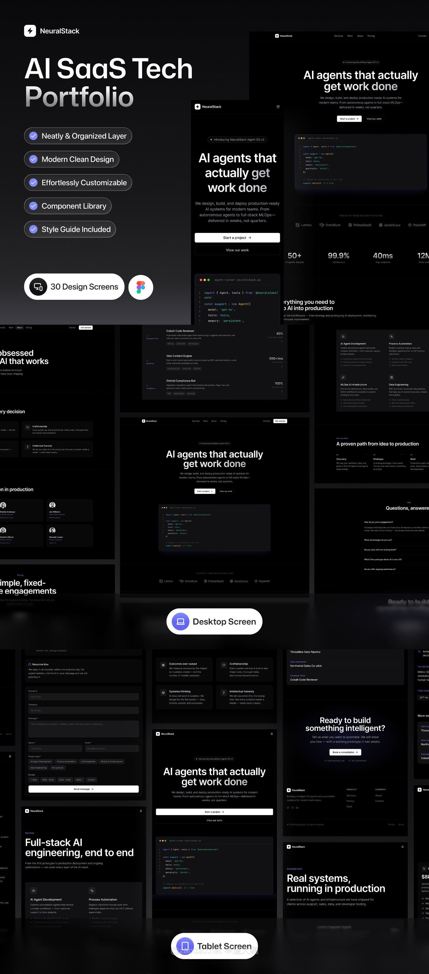 30屏暗黑AI智能技术服务SaaS平台网站UI用户界面设计Figma模板套件 NeuralStack – AI SaaS Tech Portfolio UI Kit插图6 30屏暗黑AI智能技术服务SaaS平台网站UI用户界面设计Figma模板套件 NeuralStack – AI SaaS Tech Portfolio UI Kit插图6