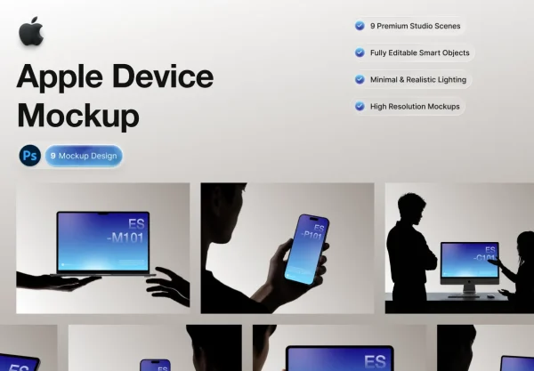 9款UI作品集设计苹果iPhone手机iPad平板Macbook笔记本电脑PS贴图样机 Apple Device Mockup Kit