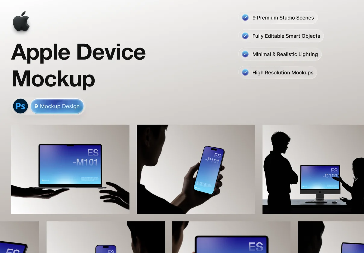 9款UI作品集设计苹果iPhone手机iPad平板Macbook笔记本电脑PS贴图样机 Apple Device Mockup Kit特色图 9款UI作品集设计苹果iPhone手机iPad平板Macbook笔记本电脑PS贴图样机 Apple Device Mockup Kit