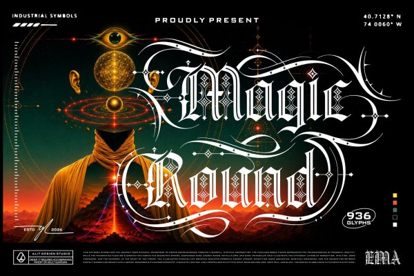 优雅复古哥特式街头服饰品牌海报设计装饰英文字体安装包 Magic Round Typeface