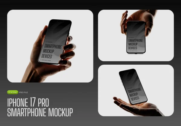 手持苹果iPhone 17 Pro手机UI作品集设计展示ps贴图样机效果图模板 Iphone 17 PRO Smartphone Mockup 3D