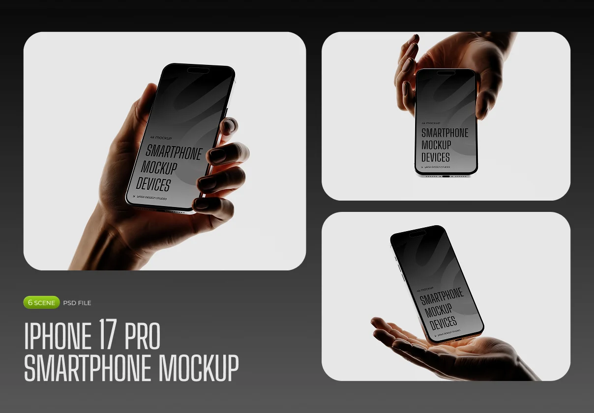 手持苹果iPhone 17 Pro手机UI作品集设计展示ps贴图样机效果图模板 Iphone 17 PRO Smartphone Mockup 3D特色图 手持苹果iPhone 17 Pro手机UI作品集设计展示ps贴图样机效果图模板 Iphone 17 PRO Smartphone Mockup 3D