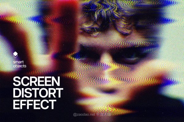故障失真错位RGB三色波浪扭曲效果照片修图ps特效滤镜样机 Screen Distortion Effect