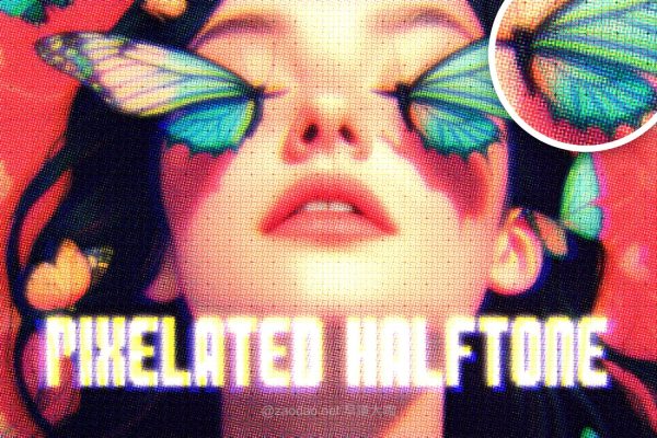 现代美学像素风半色调人像图片修图ps特效滤镜插件样机 Pixelated Halftone Photo Effect