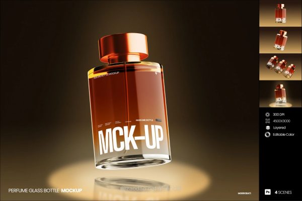 4款时尚透明圆形香薰香水玻璃瓶设计ps展示效果图样机Mockup模板素材 Perfume Glass Bottle Mockup