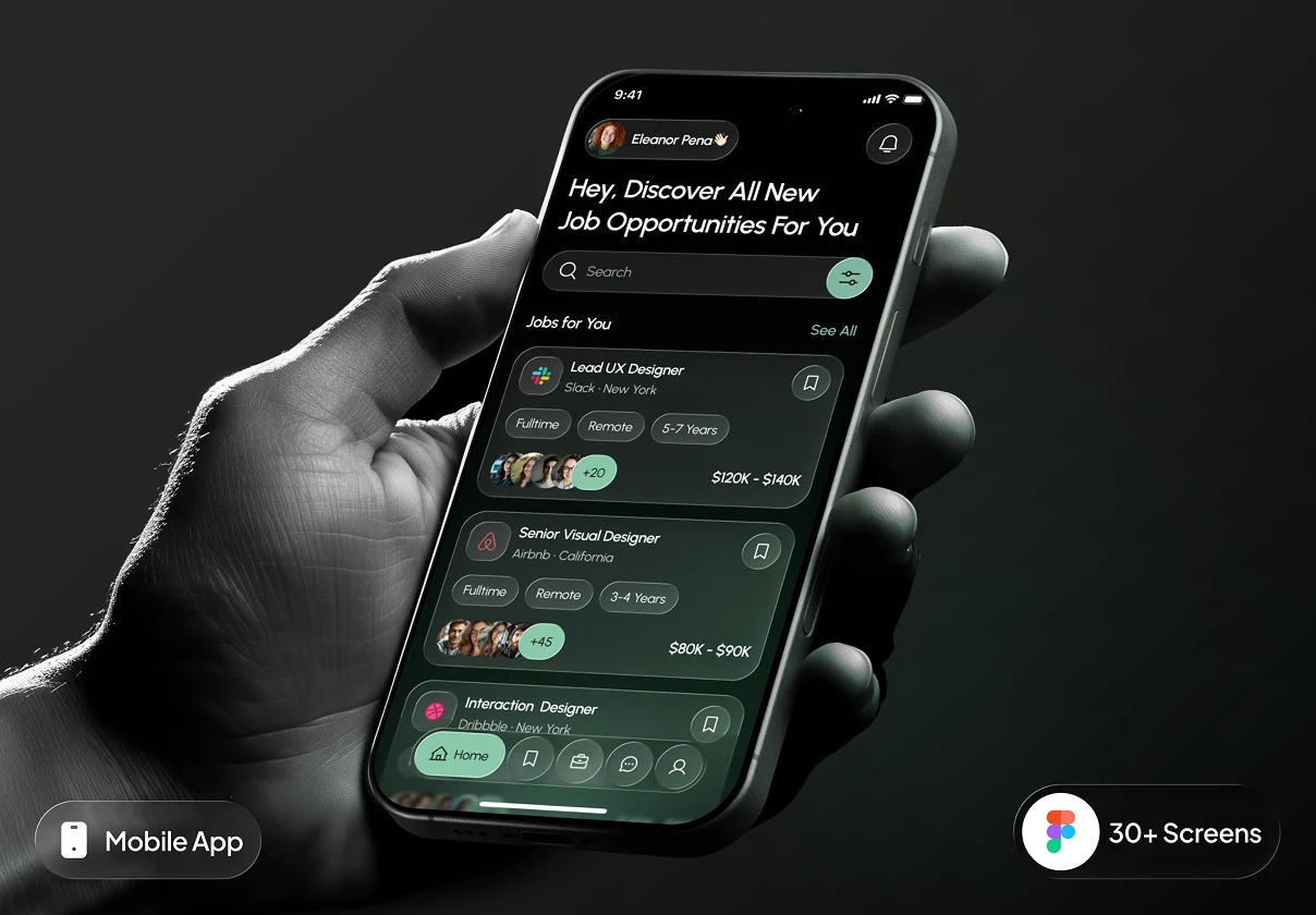 30+屏暗黑系求职找工作应聘app应用程序ui界面设计figma模板套件 aruok – Job Finder App UI Kit特色图 30+屏暗黑系求职找工作应聘app应用程序ui界面设计figma模板套件 aruok – Job Finder App UI Kit