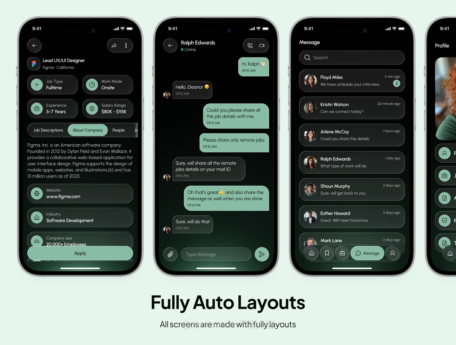 30+屏暗黑系求职找工作应聘app应用程序ui界面设计figma模板套件 aruok – Job Finder App UI Kit插图2 30+屏暗黑系求职找工作应聘app应用程序ui界面设计figma模板套件 aruok – Job Finder App UI Kit插图2