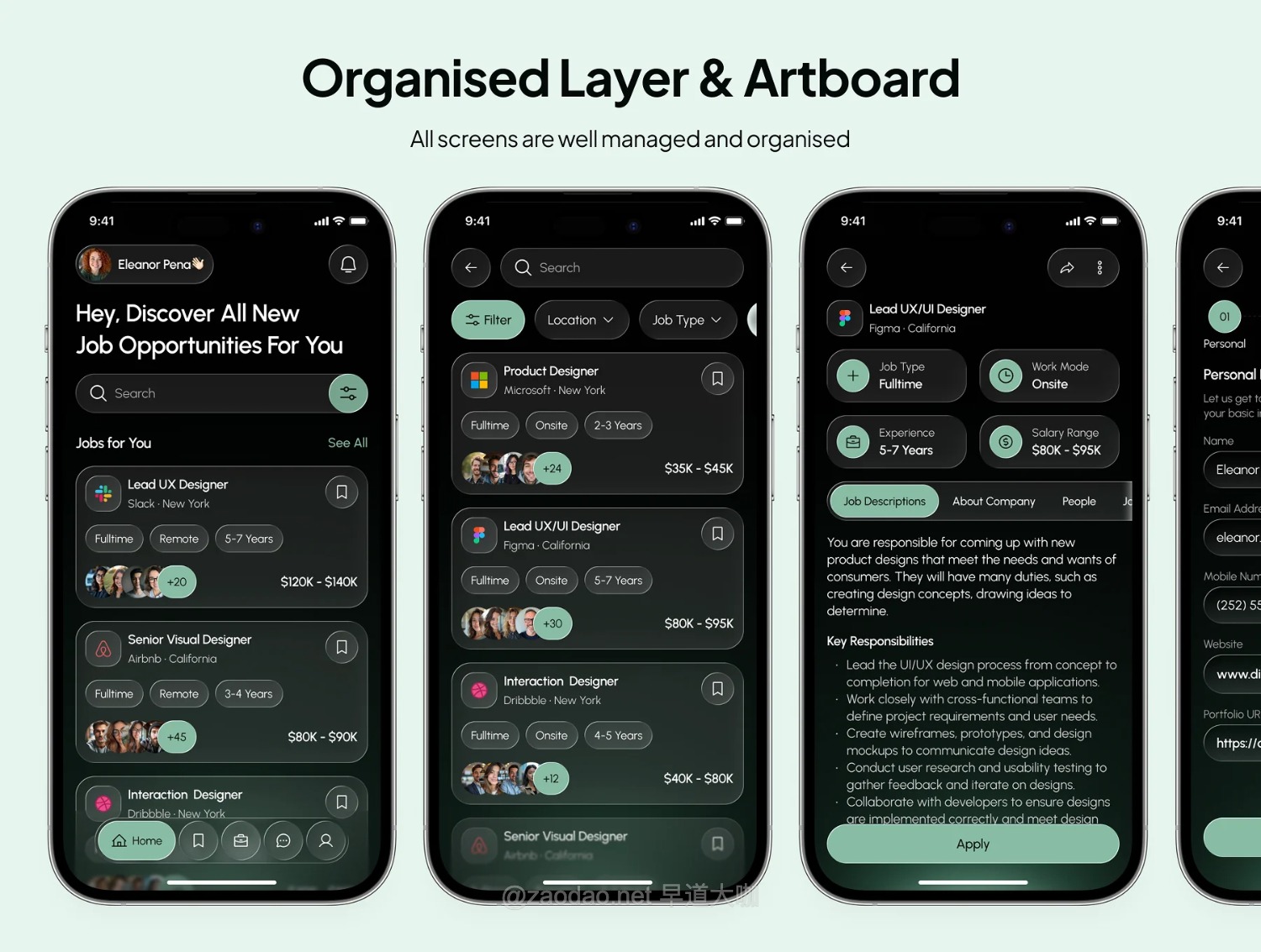 30+屏暗黑系求职找工作应聘app应用程序ui界面设计figma模板套件 aruok – Job Finder App UI Kit插图1 30+屏暗黑系求职找工作应聘app应用程序ui界面设计figma模板套件 aruok – Job Finder App UI Kit插图1