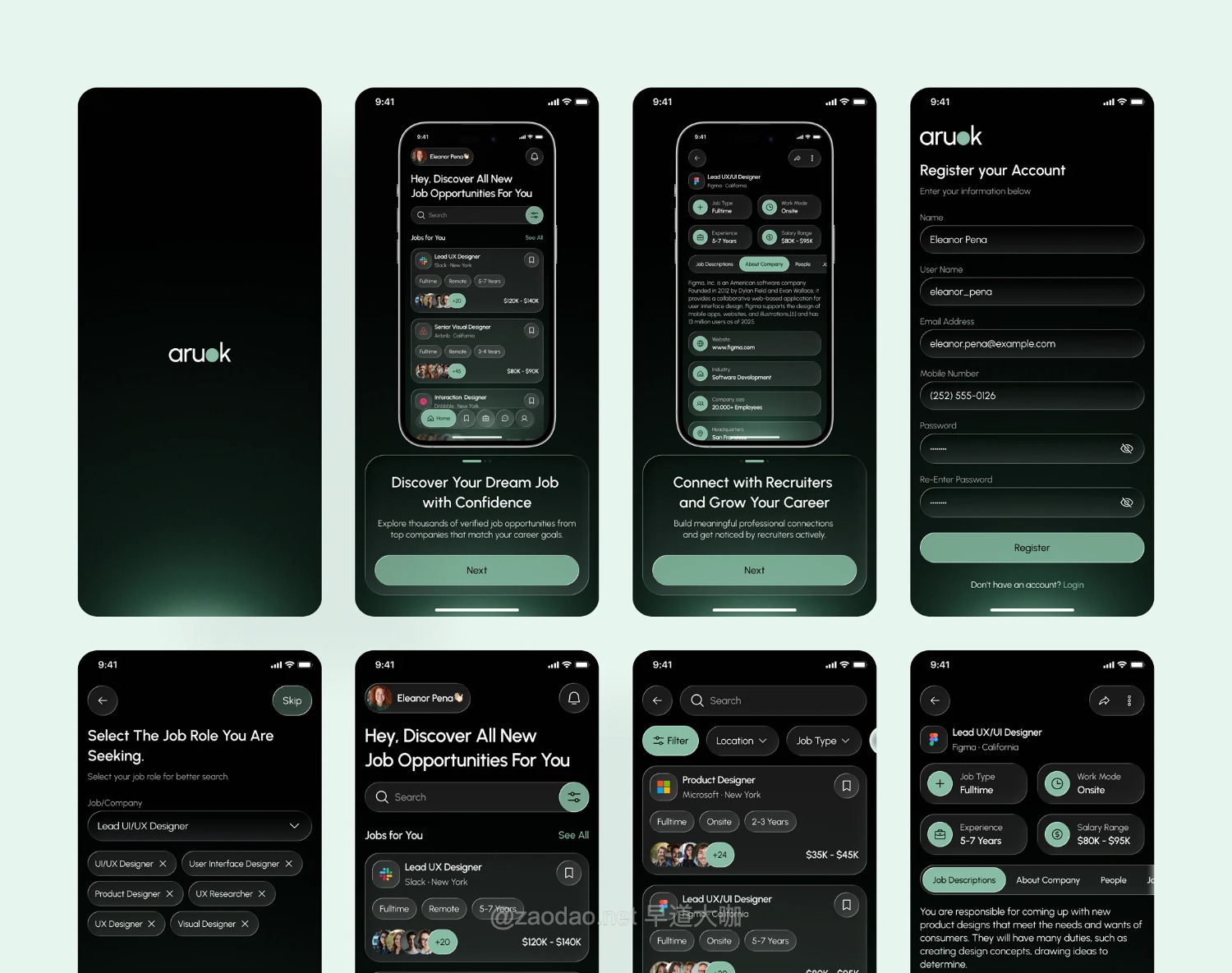 30+屏暗黑系求职找工作应聘app应用程序ui界面设计figma模板套件 aruok – Job Finder App UI Kit插图4 30+屏暗黑系求职找工作应聘app应用程序ui界面设计figma模板套件 aruok – Job Finder App UI Kit插图4