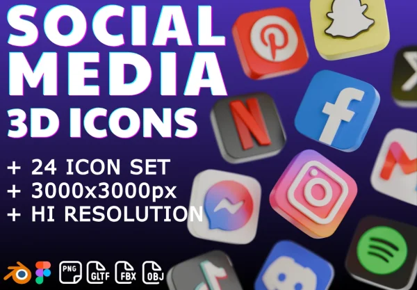 24款高级3d立体圆润社交媒体图标Icons设计blender/png格式素材 Social Media 3D Icons