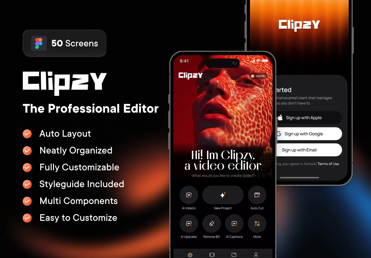 50+屏AI智能视频生成制作编辑app应用ui界面设计figma模板套件 Clipzy – AI Video Editor UI Kit特色图 50+屏AI智能视频生成制作编辑app应用ui界面设计figma模板套件 Clipzy – AI Video Editor UI Kit