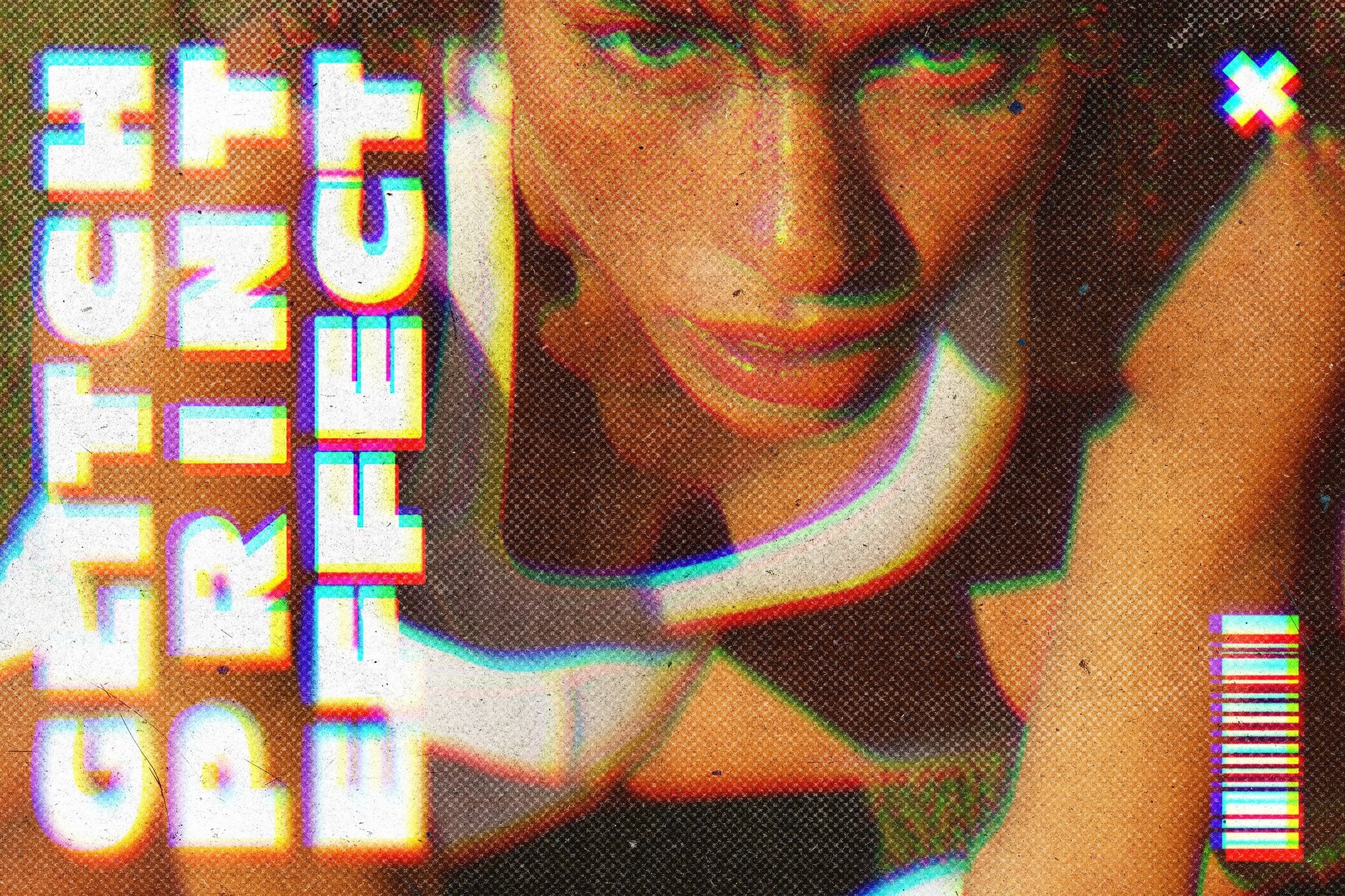故障失真半调颗粒划痕照片效果ps特效滤镜样机 Glitch Print Photo Effect特色图 故障失真半调颗粒划痕照片效果ps特效滤镜样机 Glitch Print Photo Effect