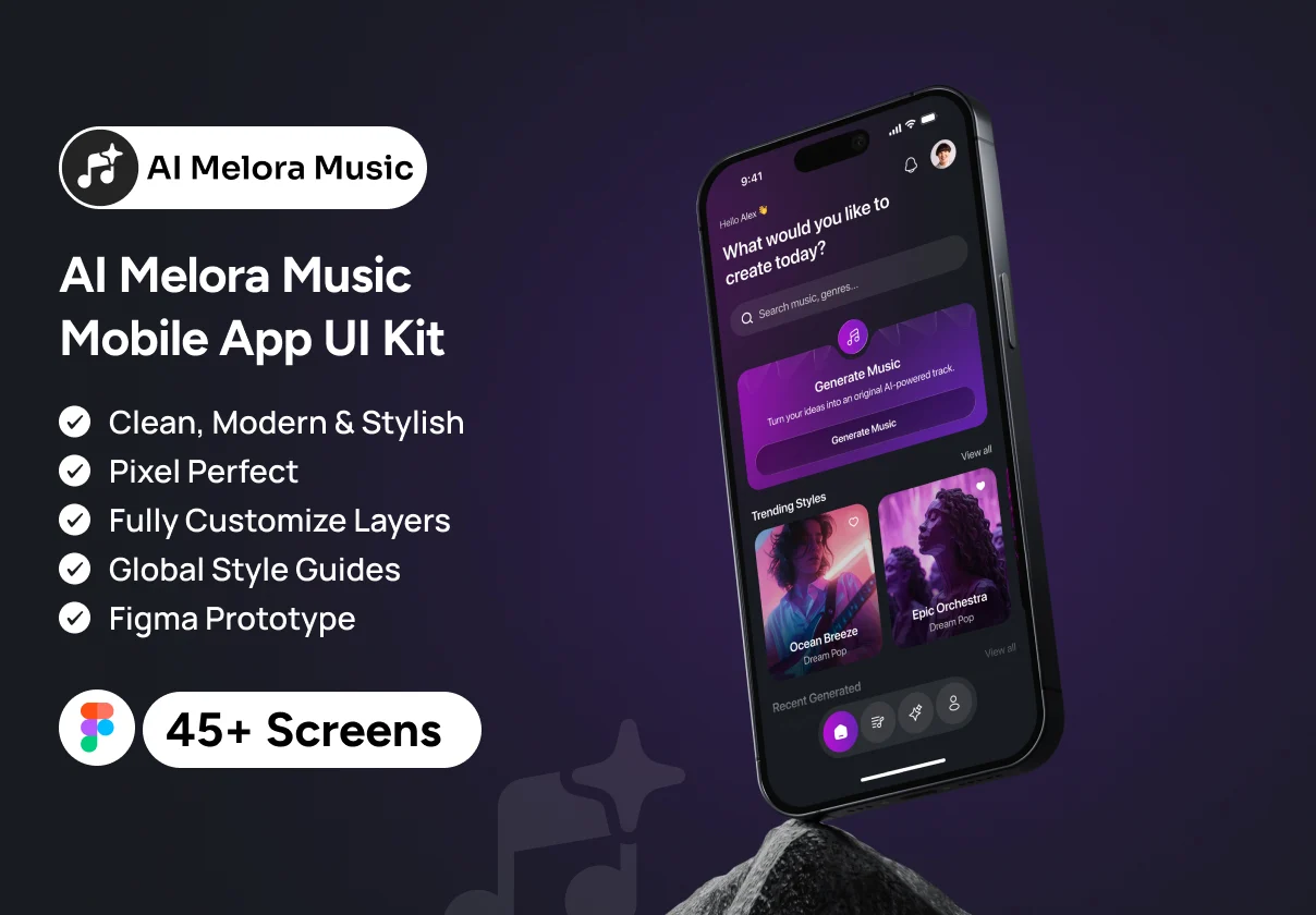 45+屏紫色调AI智能音乐播放器流媒体移动应用app ui界面设计figma模板 Melora – AI Music Mobile App UI Kit特色图 45+屏紫色调AI智能音乐播放器流媒体移动应用app ui界面设计figma模板 Melora – AI Music Mobile App UI Kit