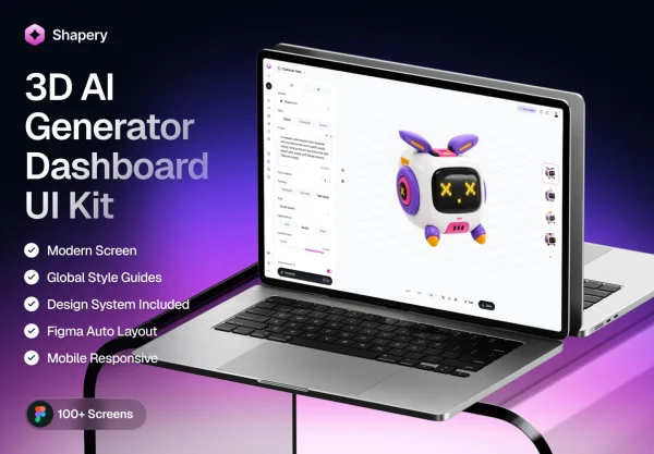 100+屏AI人工智能3D角色游戏环境生成网站UI界面设计Figma模板套件 Shapery – 3D AI Generator Dashboard UI Kit