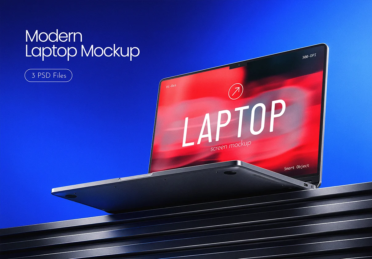 3款工业风网站UI界面作品集设计展示效果ps贴图样机模板素材 Modern Laptop Mockup – 3 Editable PSD Scenes特色图 3款工业风网站UI界面作品集设计展示效果ps贴图样机模板素材 Modern Laptop Mockup – 3 Editable PSD Scenes
