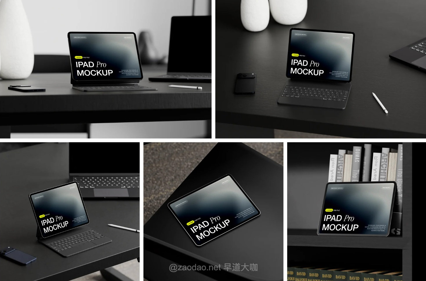 5款深色办公场景ui/ux界面作品集设计iPad平板电脑贴图psd样机模板 Deskform iPad Pro Mockup Minimal Dark Set特色图 5款深色办公场景ui/ux界面作品集设计iPad平板电脑贴图psd样机模板 Deskform iPad Pro Mockup Minimal Dark Set