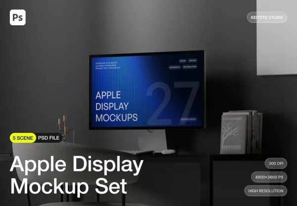 5款建筑式暗色网页ui作品集设计苹果显示器Display贴图psd样机模板 Apple Display Mockup — Architectural Desk PSD Scenes